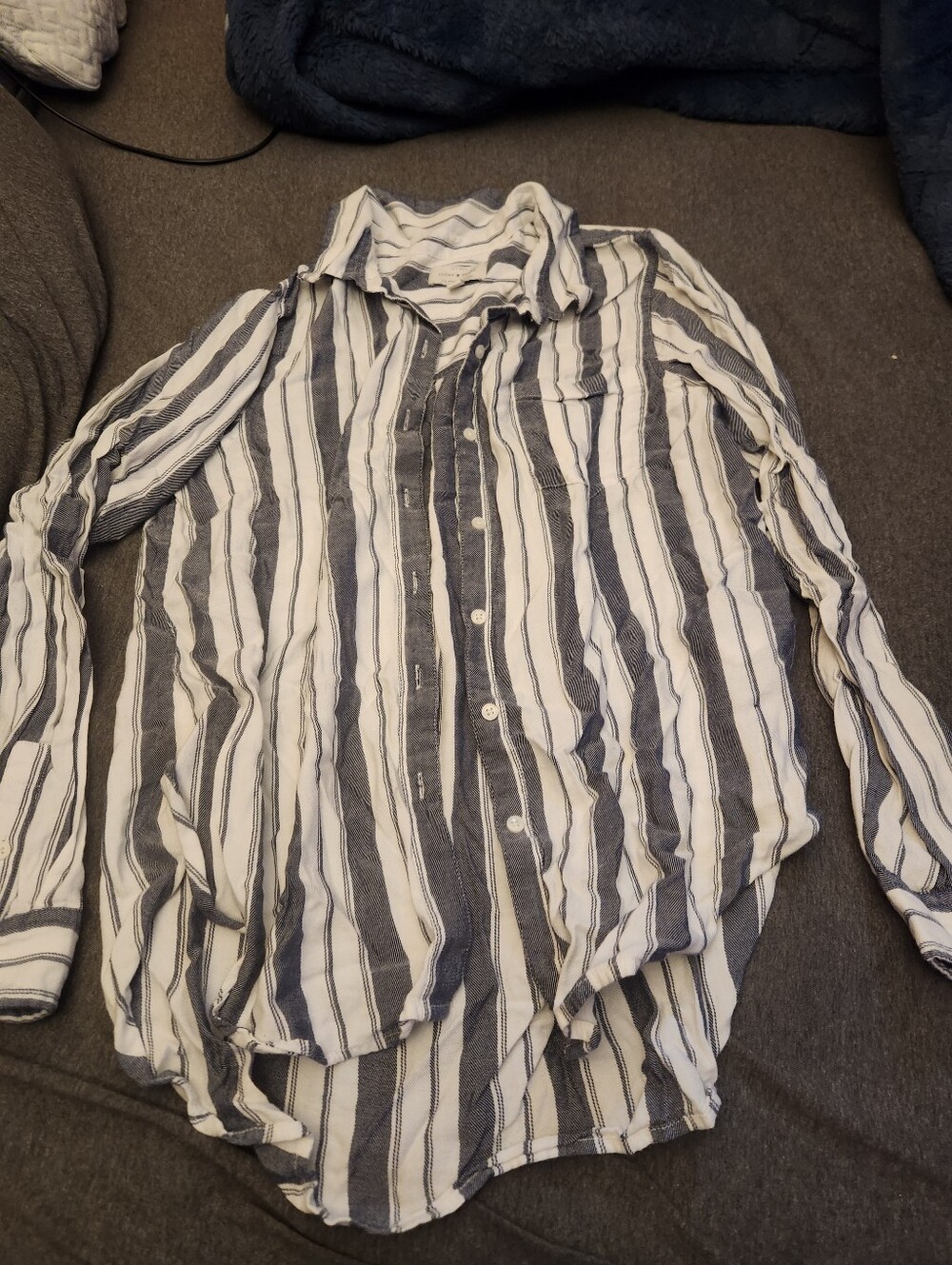 Lucky Brand White and Navy Vertical Stripe Button-Down Shirt